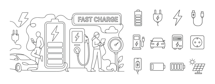 Battery Charging Energy. Clean one-line drawing banner composition showing oversized battery and large charging station with 2 characters recharging devices, scattered lightning bolt, plug, electric