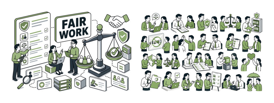 Business Ethics Compliance banner, clean focused full-canvas scene of three expressive office people reviewing one oversized code of conduct board without readable text stretching to top and left