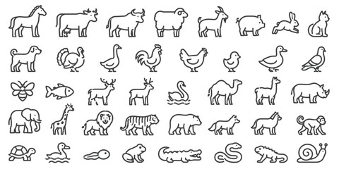 Naklejka premium Farm and Wild Animal Outline Icon Web Vector Collection.