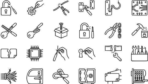 Black and White Line Art Icons: Locksmith, Tools, Electronics, Repair, Security, Automotive
