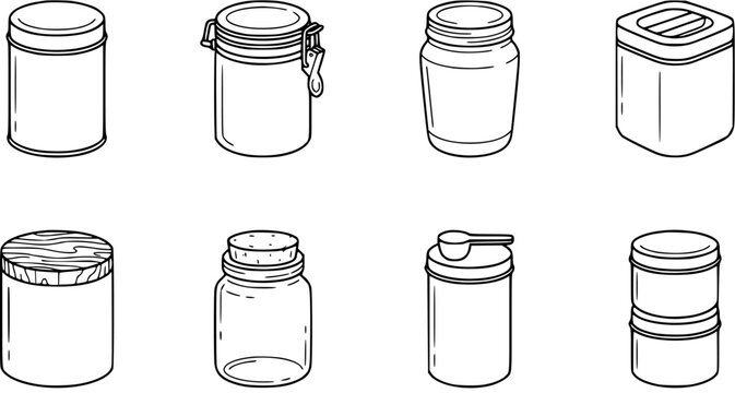 Black and White Line Art Vector Icons of Various Food Storage Jars and Containers for Kitchen and Pantry