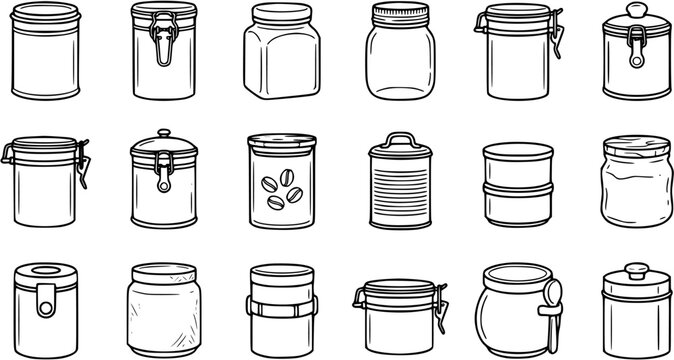 Black and White Line Art Collection of Various Jars and Containers for Food Storage and Kitchen Use