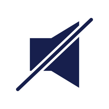 Single isolated audio control symbol featuring a navy blue speaker icon with a diagonal prohibition slash through the center. Flat vector system utility designed for mute functions, silent audio 