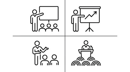 Fototapeta premium Professional business presentation icons showing a speaker teaching an audience with charts and growth graphs