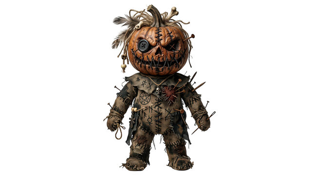 Scary halloween voodoo doll with carved pumpkin head and pins isolated on transparent background
