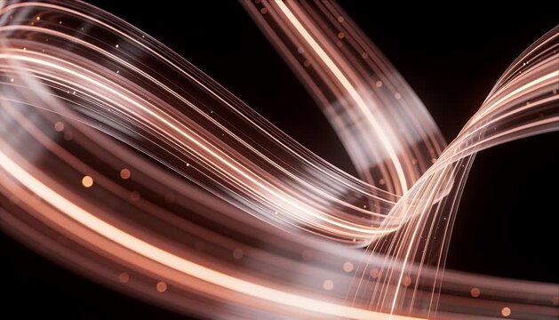 Abstract light trail glowing line rose gold color motion wave glitter dust dynamic curve smooth flow dark background futuristic energy art creates elegant movement luminous copper blur shimmer