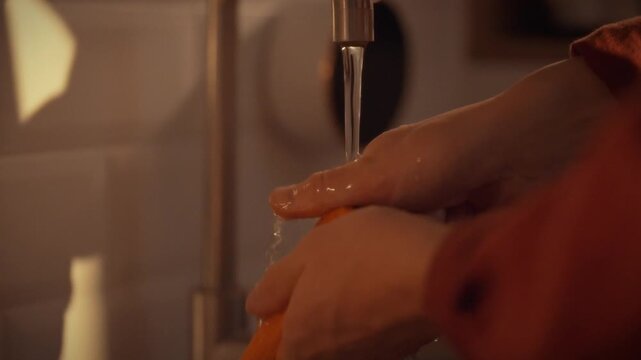 In a warm kitchen, a man rinses peeled carrots under a steady stream of water, carefully cleaning the vegetables before cooking. His deliberate motions underscore the care taken in food prep
