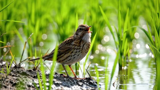 Small songbird perched on wet soil in green marsh environment, chirping with open beak and bright sunlight reflections