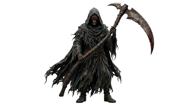 Grim Reaper with Scythe and Glowing Red Eyes isolated on transparent background