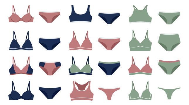 Lingerie and underwear set with 24 vector icons, female bra and panties collection, modern intimate apparel in pink blue and green colors