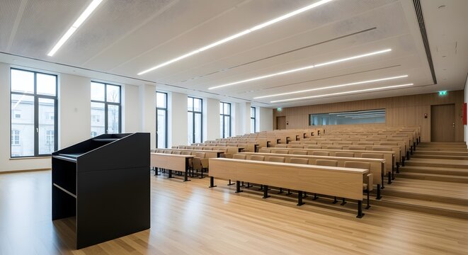 Modern lecture hall with wooden seating and black podium