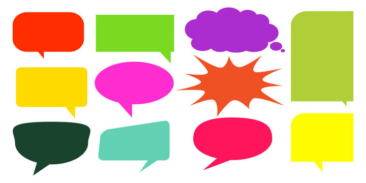 A simple design set of colorful message comment chat boxes. A collection of comic and social media speech bubbles, text boxes, and chat boxes. A vector set of comic and social media speech bubbles.