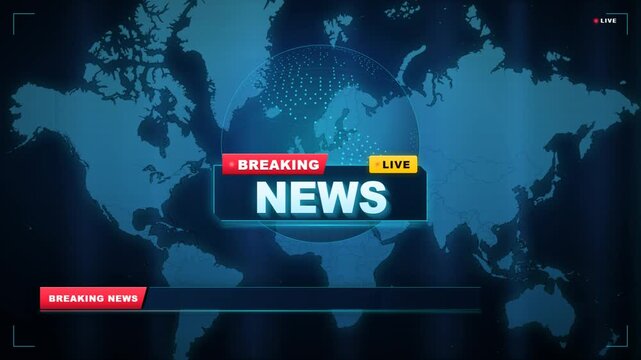 Breaking news broadcast intro with glowing world map and live report title screen background