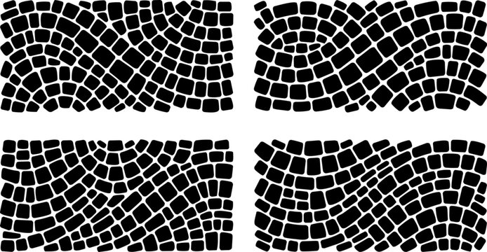 Detailed vector illustration featuring repeating patterns of black cobblestone bricks arranged in wavy organic shapes