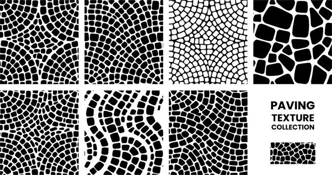 Seamless black and white vector paving texture collection featuring repeating geometric stone patterns for creative designs