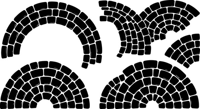 Black silhouette vector illustration of cobblestone patterns arranged in various curved and arching decorative shapes