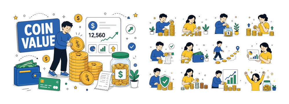 Coins Money Stack. Clean editorial banner with one main coin finance scene: a geometric character stacking oversized coins beside a large money counter panel, with wallet, dollar card, savings jar,