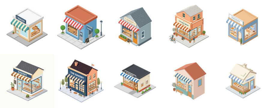 Collection of isometric 3D storefronts, showcasing a variety of small business building designs