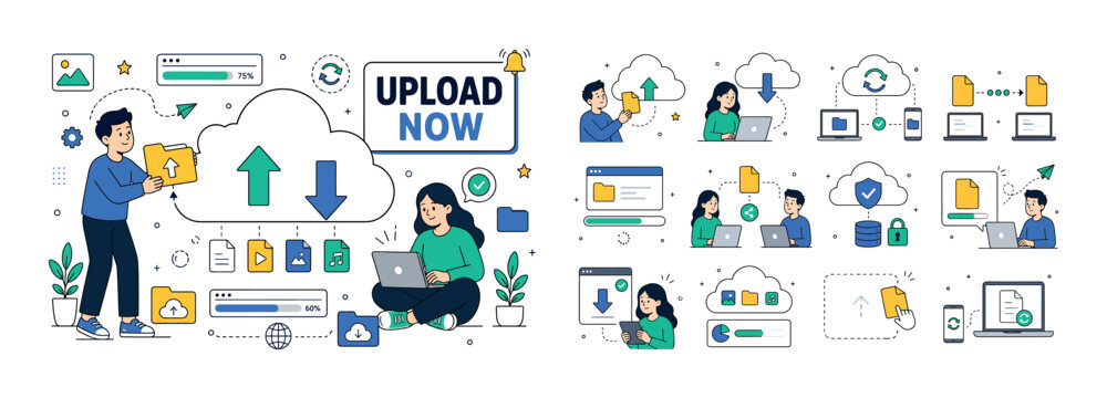 Download Upload Transfer banner. One character uploading file to oversized cloud, another downloading to device, large cloud and arrows dominate scene, small files progress lines and icons filling