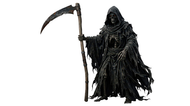 Grim Reaper figure with tattered black robes and large scythe, isolated on transparent background