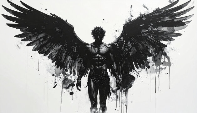Dramatic angel with large black wings ink splatter effect
