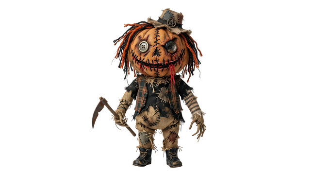 Creepy pumpkin-headed scarecrow doll with button eyes and stitches, isolated on transparent background
