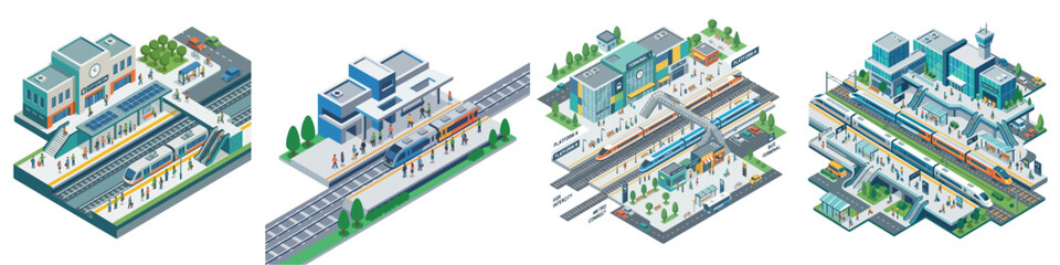 Isometric modern urban transport infrastructure set. Featuring city train and metro stations, buildings, roads, and public transit systems for urban planning and connectivity concepts © Haris Lost