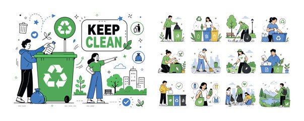 Obraz premium Keep Clean Recycling banner. One character placing trash into oversized recycling bin with recycling symbol, another pointing to clean area, large recycling bin and sign dominate scene, small leaves
