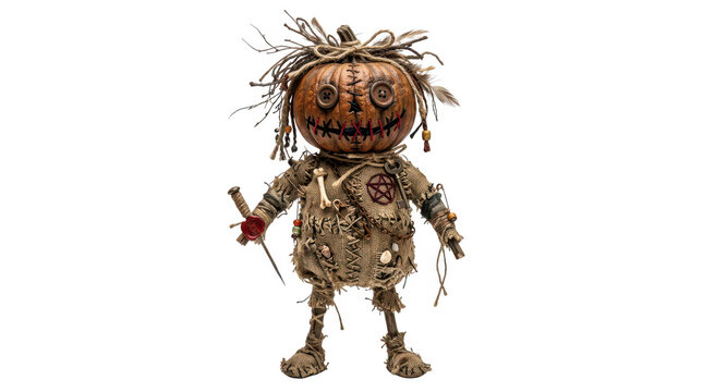 Creepy pumpkin head scarecrow voodoo doll isolated on transparent background