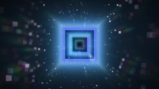 Rainbow square tunnel motion background with flying glowing particles zoom into colorful portal loop