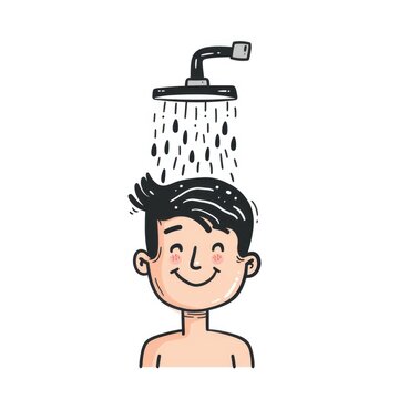 Happy Child Taking a Shower Cartoon Illustration.