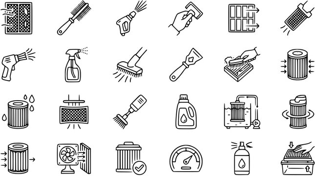 Black and White Line Art Icons of Automotive Air Filter Cleaning Tools and Processes