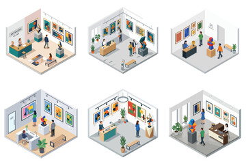 Isometric exhibition gallery showcasing contemporary artworks, sculptures, and visitor interactions with art © Haris Lost