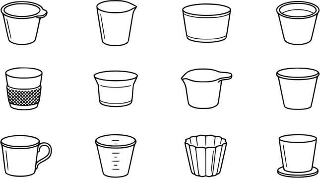 Black and White Line Art Icons of Various Cups, Mugs, and Measuring Containers - Food and Drink Objects
