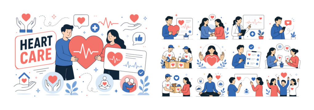Heart Care Emotion. Clean editorial banner with one main scene about heart care and emotional support: two geometric characters hold a large oversized heart and a big heartbeat card, with small