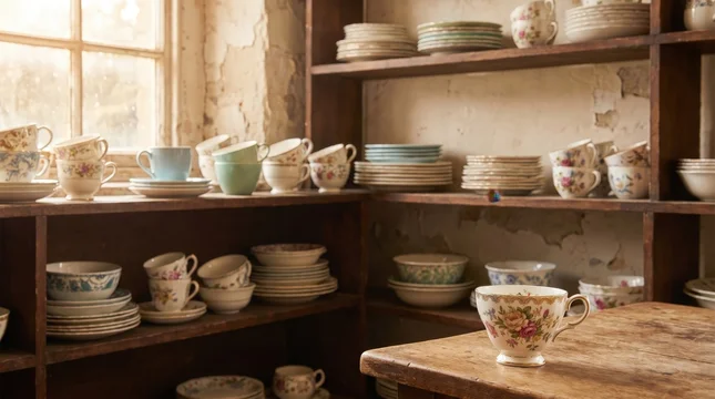Beautiful floral porcelain teacup stands on wooden table inside nostalgic antique shop kitchen