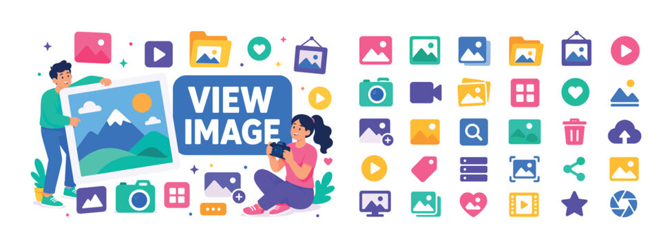 Image Gallery Picture Banner creative scene with two characters interacting with oversized picture frame stretching edges, small photo and media icons filling space, bold headline VIEW IMAGE inside