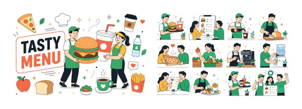Food Drink Menu. Clean editorial banner with one main scene about food and drink menu items: two geometric characters serve a large oversized burger and a big drink cup, with small pizza slice, apple,