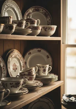 Vintage porcelain teacups and floral plates decorate wooden shelves inside cozy antique shop