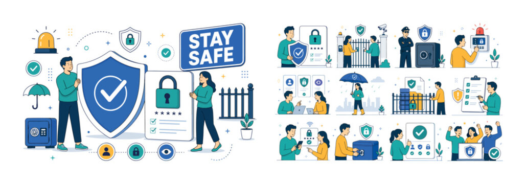 Protection Security Shield. Clean editorial banner with one main scene about safety and security protection: two geometric characters guard a large oversized shield and a big lock panel, with small