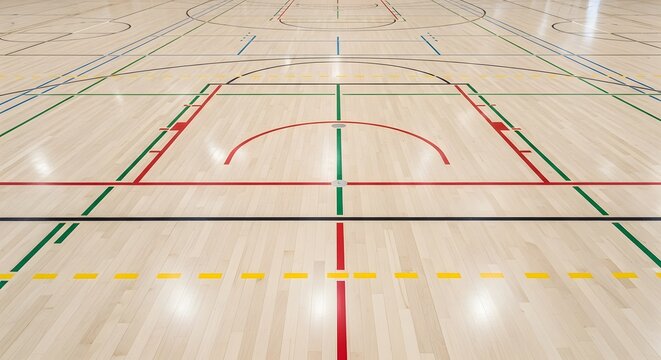 Polished wooden indoor sports court with colored lines