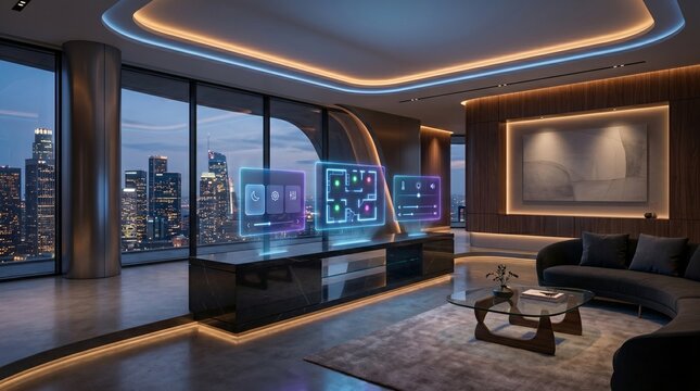 Futuristic smart home interface with holographic controls in luxury apartment