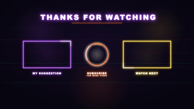 Colorful neon end screen with subscribe ring and outro video frames on dark grid background