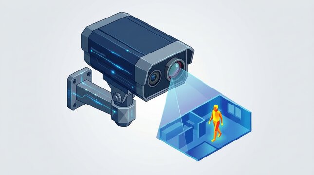 Security guard uses thermal imaging system to track activity in a facility during day hours for safety and protection.