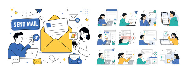 Fototapeta premium Mail Communication Email banner. One character sending message with oversized envelope, another receiving notification, large envelope dominates scene, small message icons lines and alerts filling