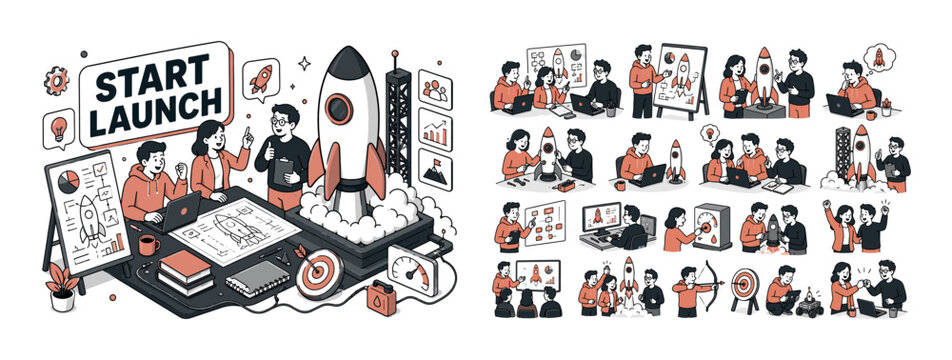 Rocket Startup Launch banner, clean focused full-canvas scene of three expressive startup founders preparing launch around one oversized rocket stretching to top and right edges, large launchpad desk
