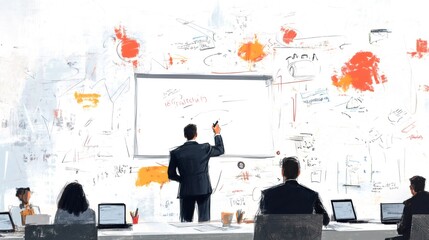 Obraz premium Businessman writing on a whiteboard during an office presentation meeting. Explaining a new project to his colleagues who are taking notes on their laptops. With scribbles and notes all over the wall