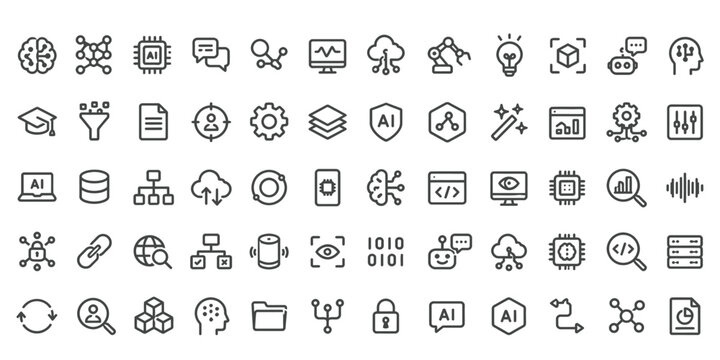Artificial intelligence and machine learning technology icon set collection.