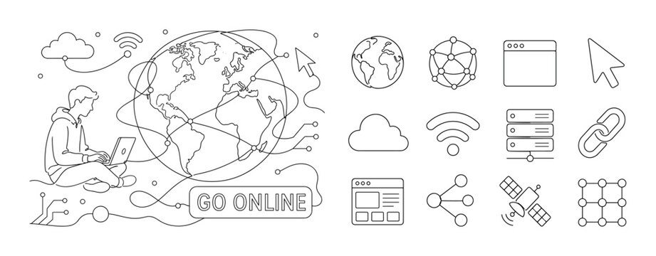 Global Web Globe Network. Minimalistic one-line drawing banner with person using laptop connected to globe, oversized globe and web network lines, small elements like cursor, signal, cloud filling