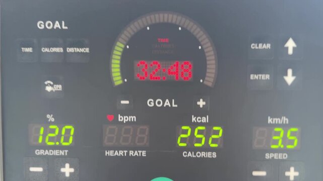Detailed view of a treadmill's digital display, showing key fitness metrics such as time, calories burned, gradient, heart rate, and speed during an active workout session.